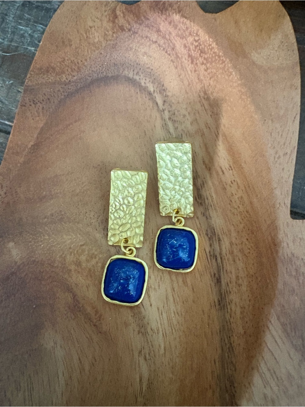Gold and Blue Textured Drop Earrings